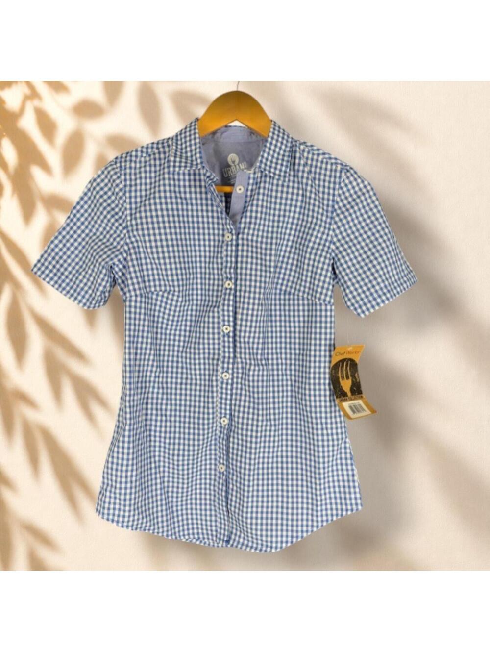 New Chef Works Shirt Women XS Blue Plaid Button Up Collared Short Sleeve Cotton